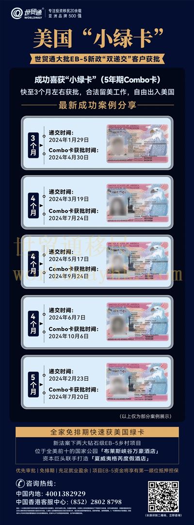 新法案下，投資EB-5預留簽證類別下的EB-5鄉村項目，免排期且擁有移民局優先審理權。同時，美國境內的EB-5申請人，包括留學生，可以在美國進行“雙遞交”。世貿通已有多批EB-5投資人成功獲得了移民局審理批準的Combo卡（工卡/回美證），最快僅用時3個月。