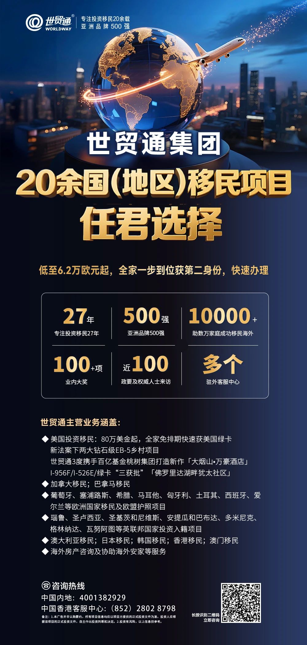 企業(yè)出海，身份先行，目前，世貿通可提供23國(地區(qū))身份規(guī)劃項目，任君選擇，歡迎您的咨詢。低至6.2萬歐元起，全家一步到位獲第二身份。